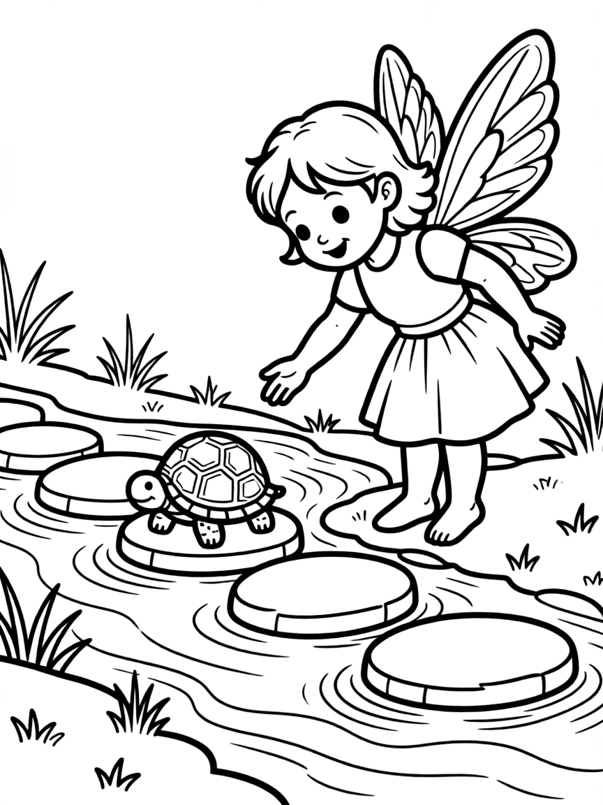 A fairy helping a turtle cross a stream by guiding it to stepping stones
