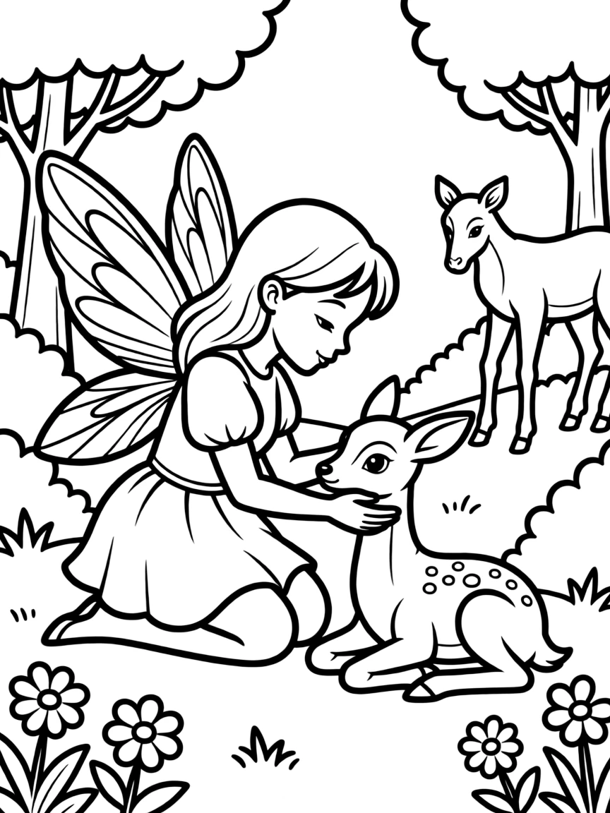 A fairy comforting a lost fawn until its mother returns