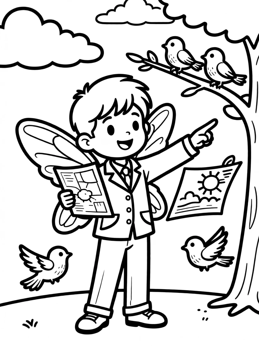 A fairy weatherman consulting with birds about incoming storms