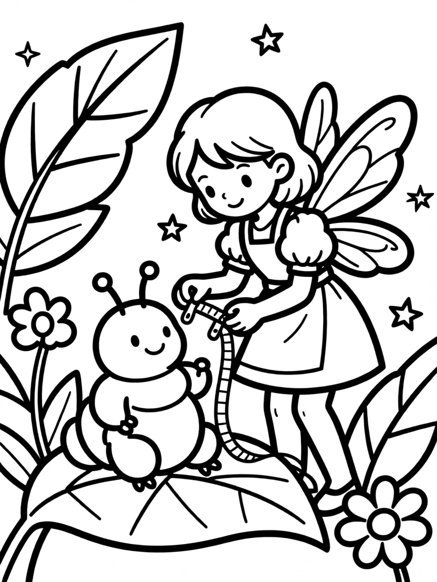 A fairy tailor measuring a caterpillar for a ceremonial cocoon decoration