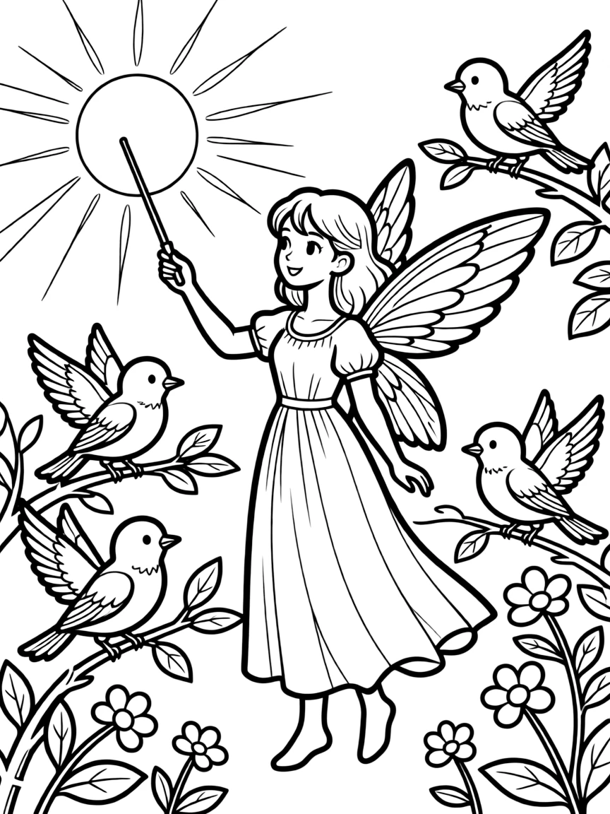 A fairy composer conducting a chorus of songbirds at dawn