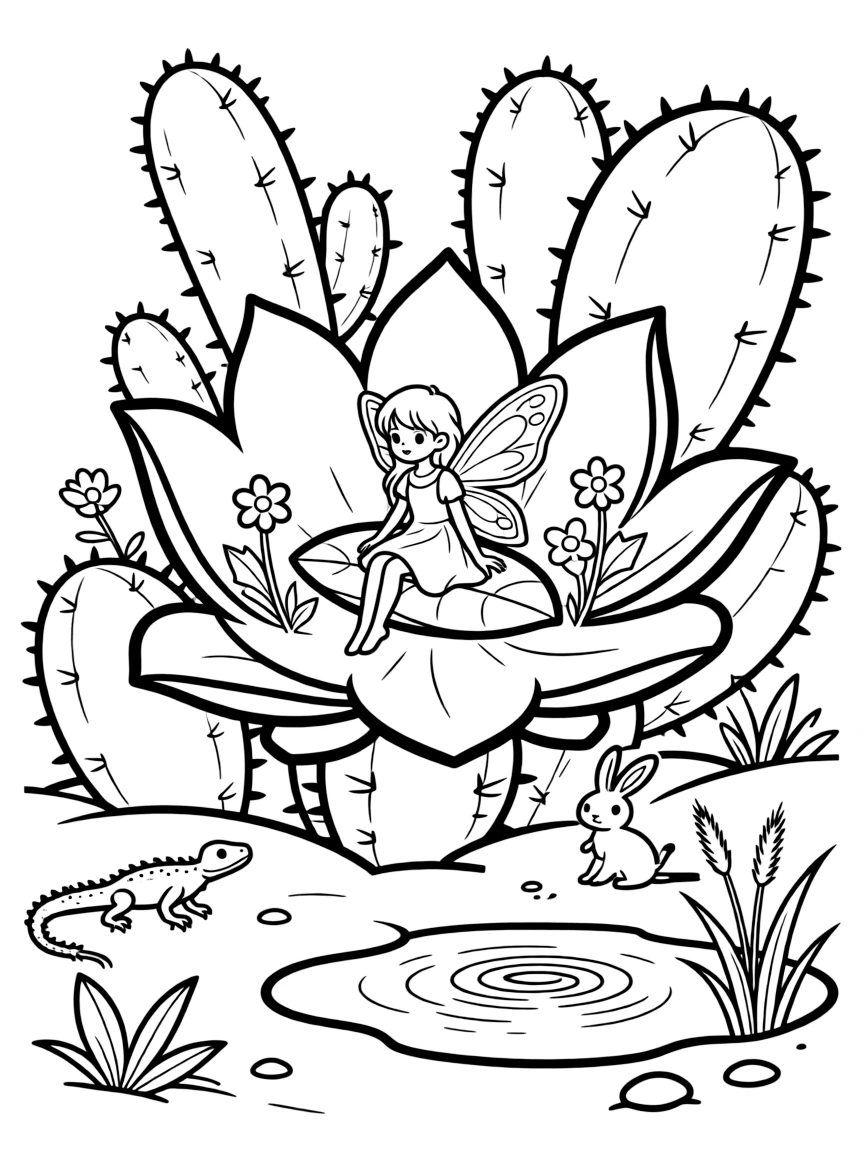 A fairy oasis hidden within a cactus flower in the desert
