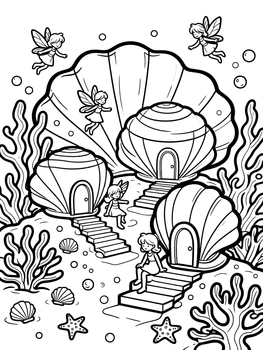 A fairy settlement inside a coral reef with seashell buildings