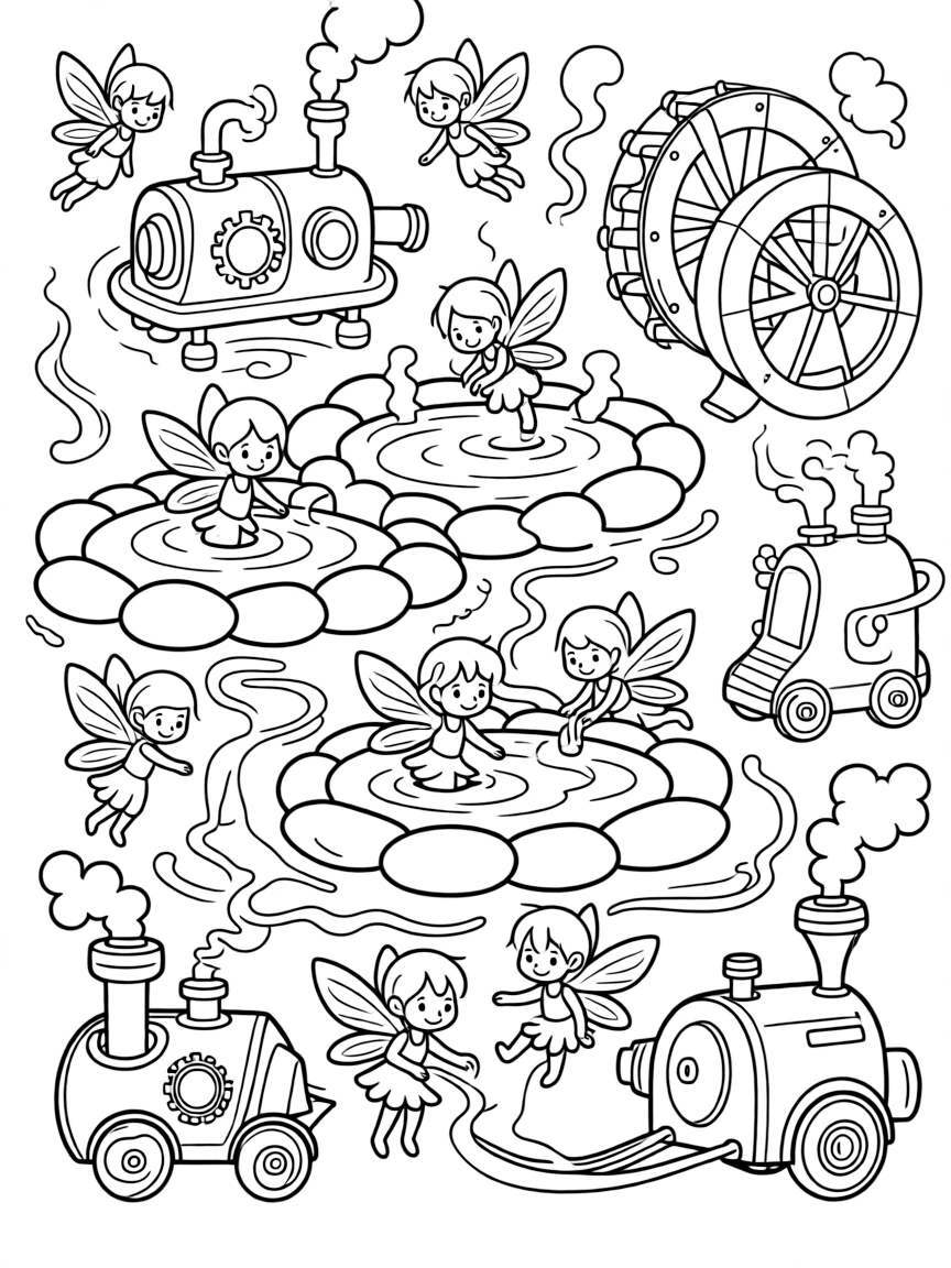 A fairy community built around hot springs with steam-powered inventions