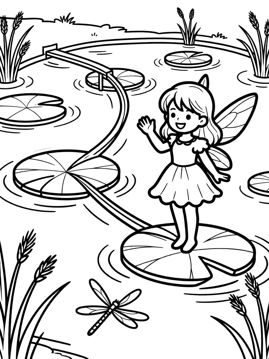 A fairy port on the edge of a pond with lily pad docks and reed piers