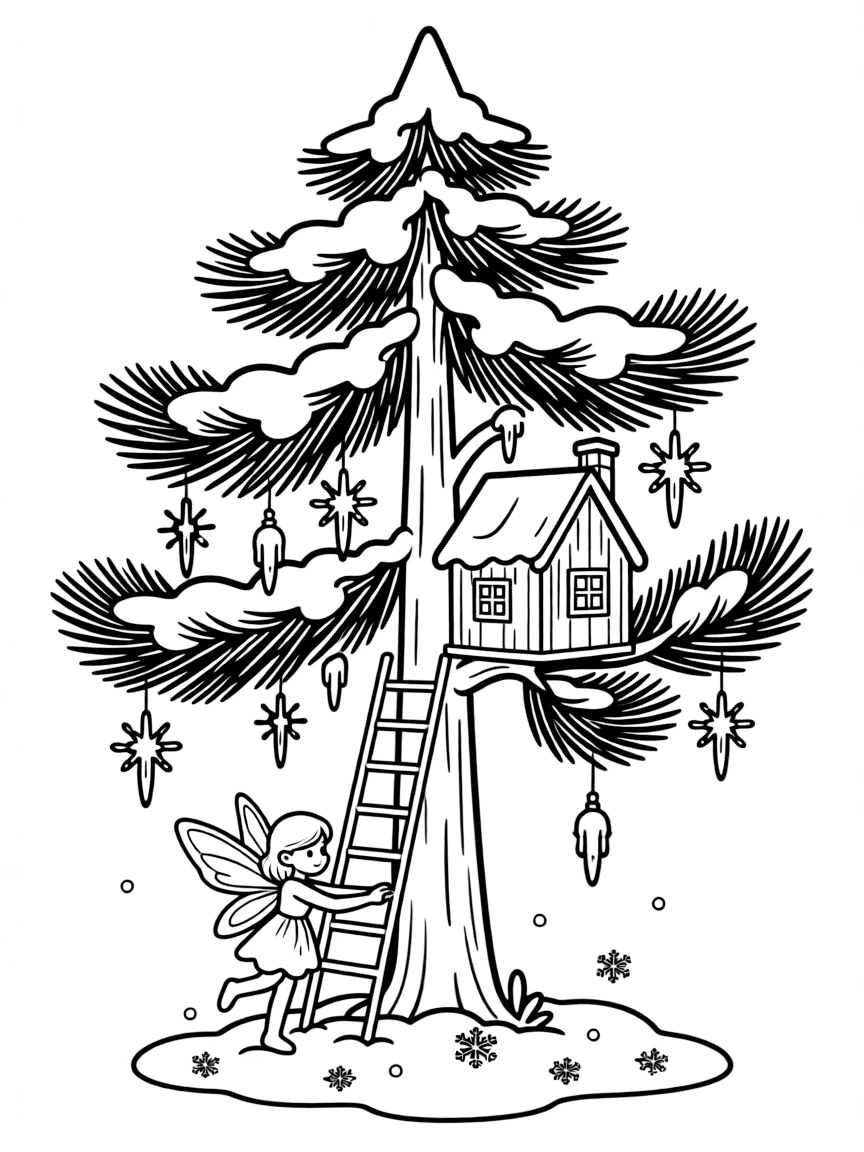 A fairy retreat in a snow-covered pine tree decorated with icicle ornaments