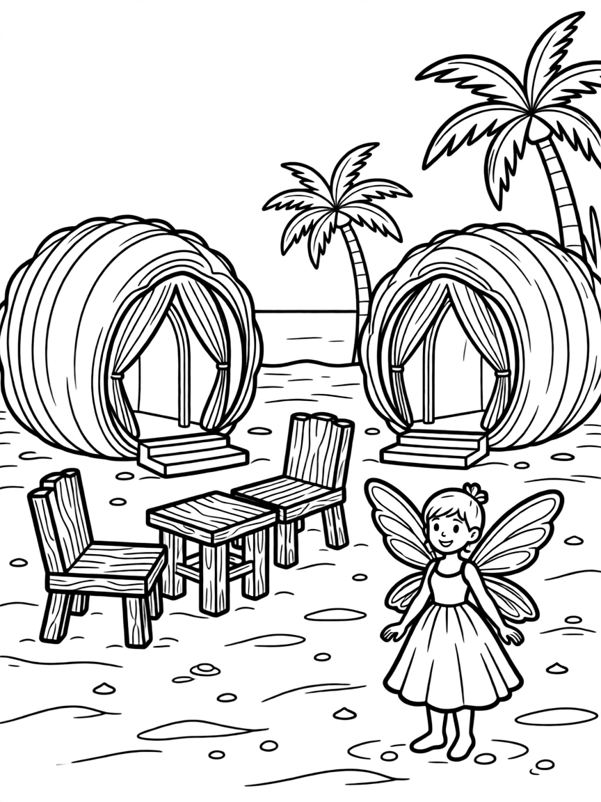 A fairy resort on a sandy beach with shell cabanas and driftwood furniture