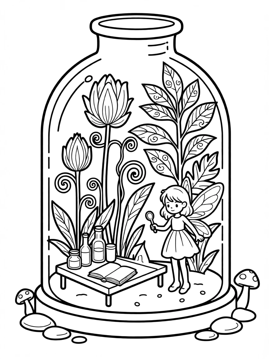 A fairy laboratory inside a bell jar filled with experimental plants