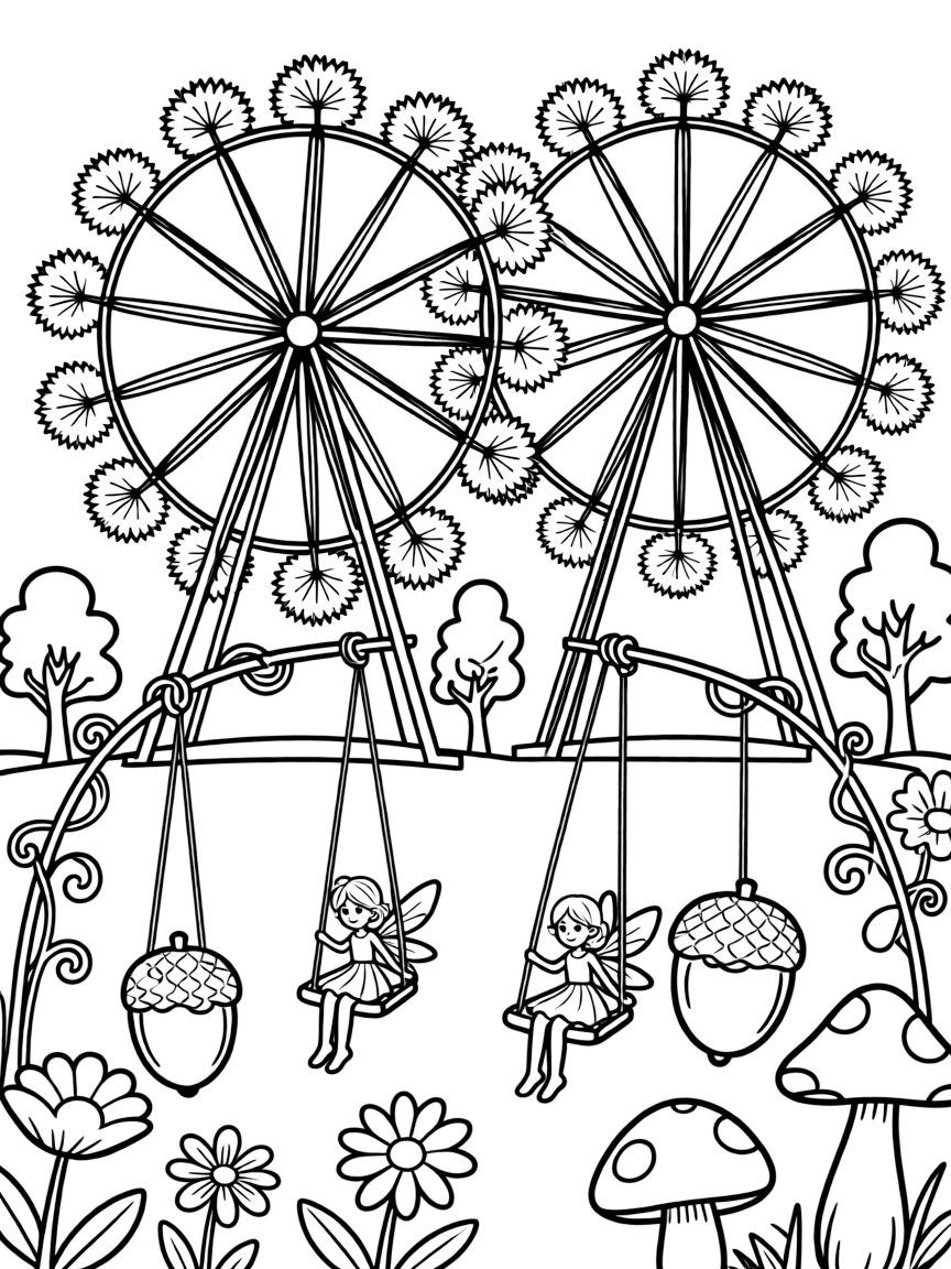 A fairy carnival with dandelion ferris wheels and acorn swing rides