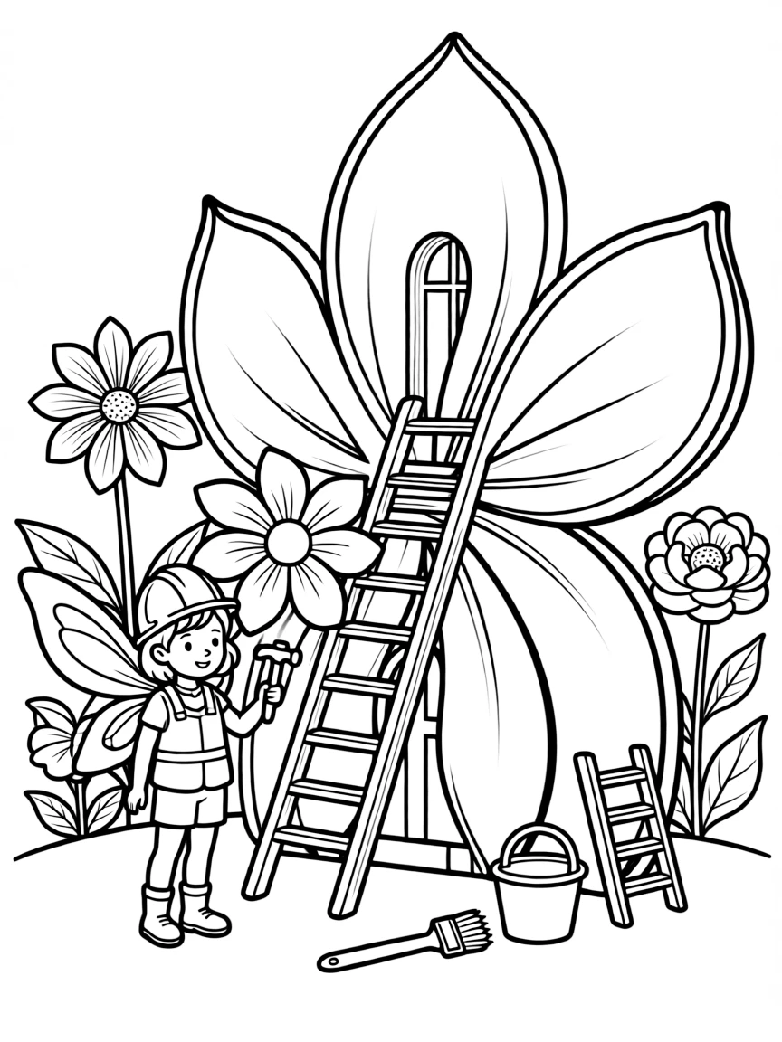 A fairy construction site building a new wing of a flower palace