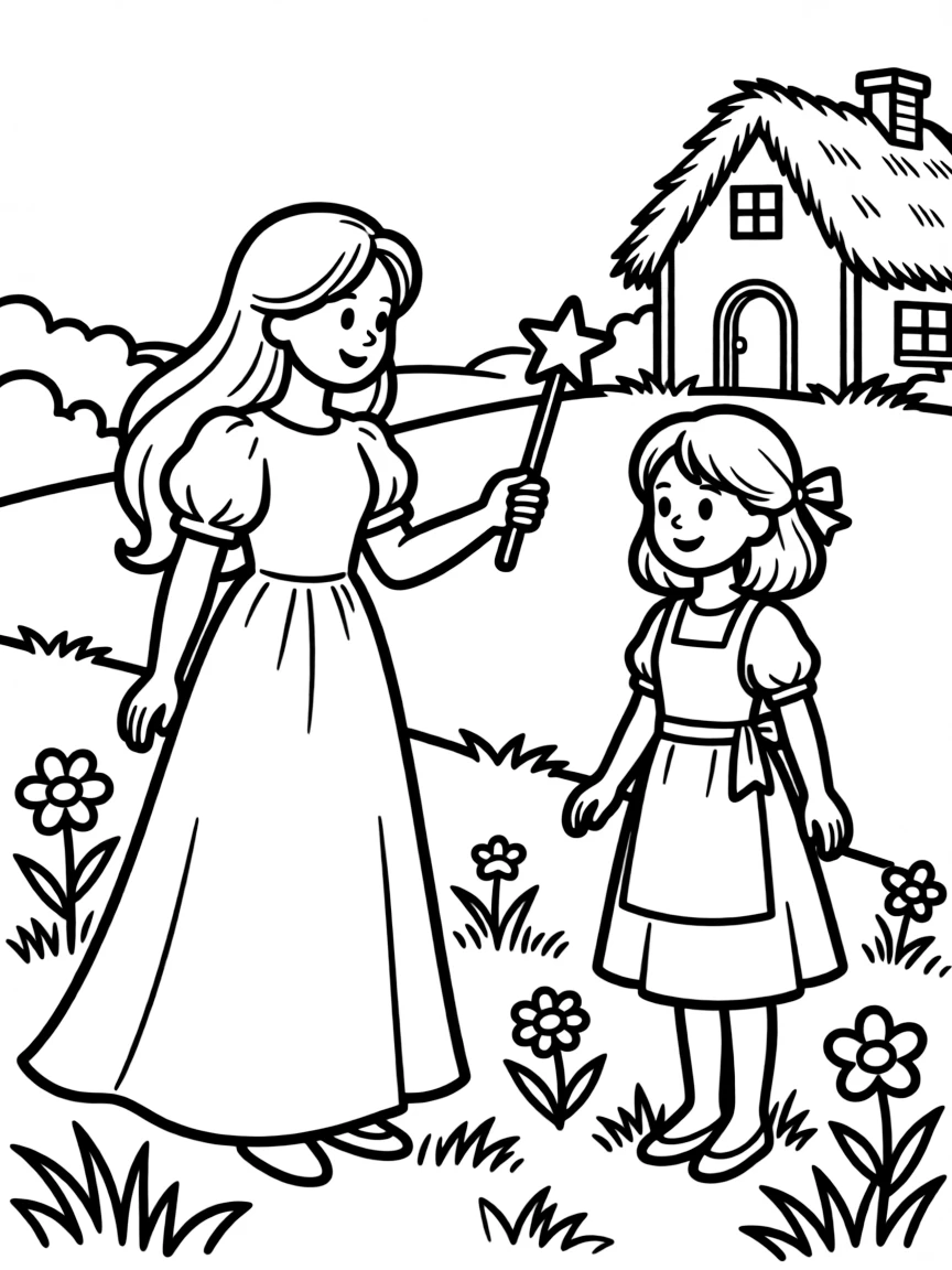 A fairy godmother granting wishes to a kind-hearted village maiden