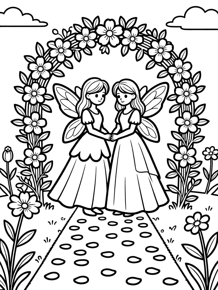 A fairy wedding ceremony with flower arch and petal-strewn aisle
