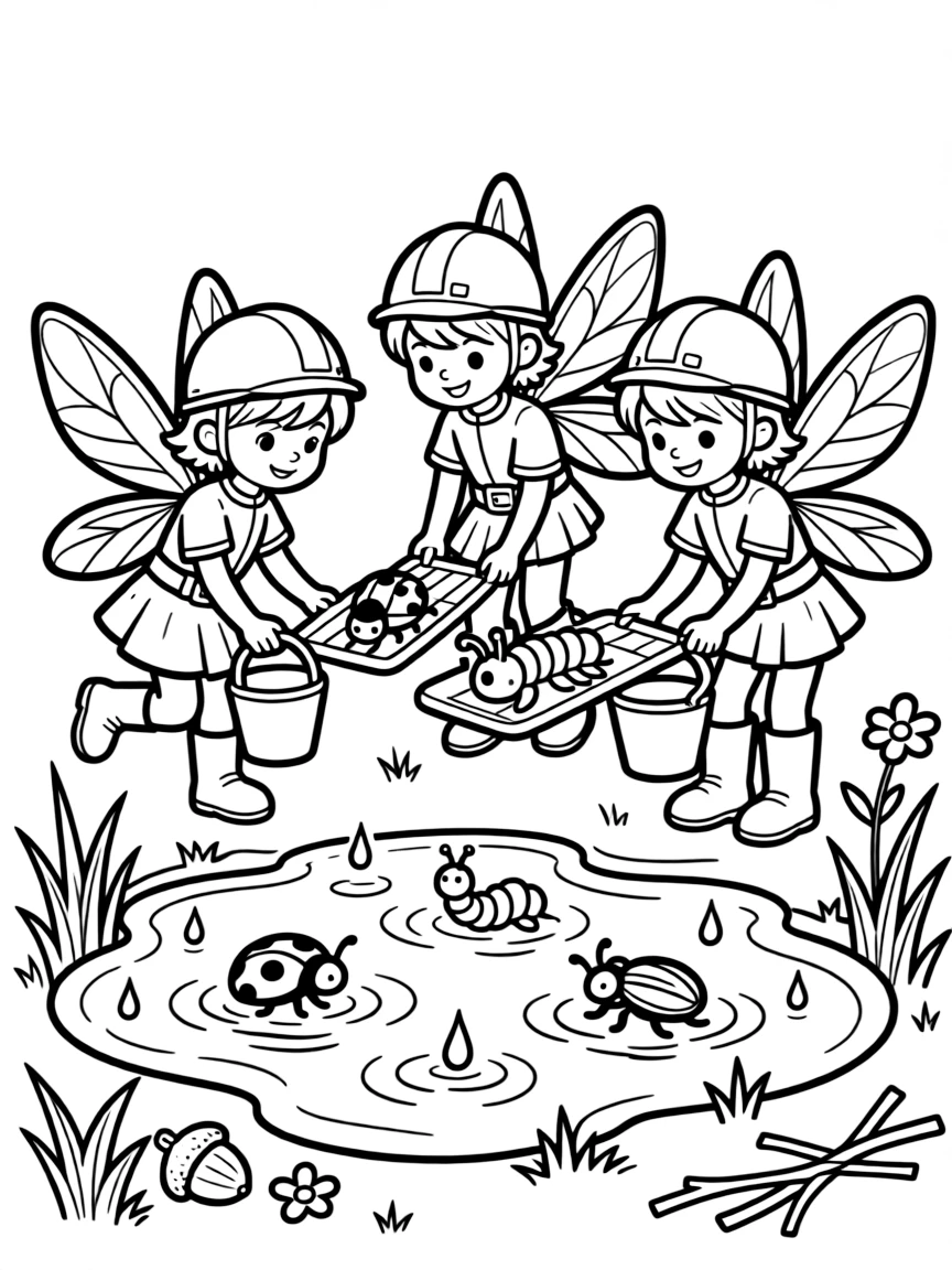 A fairy emergency response team rescuing insects from a puddle after rain