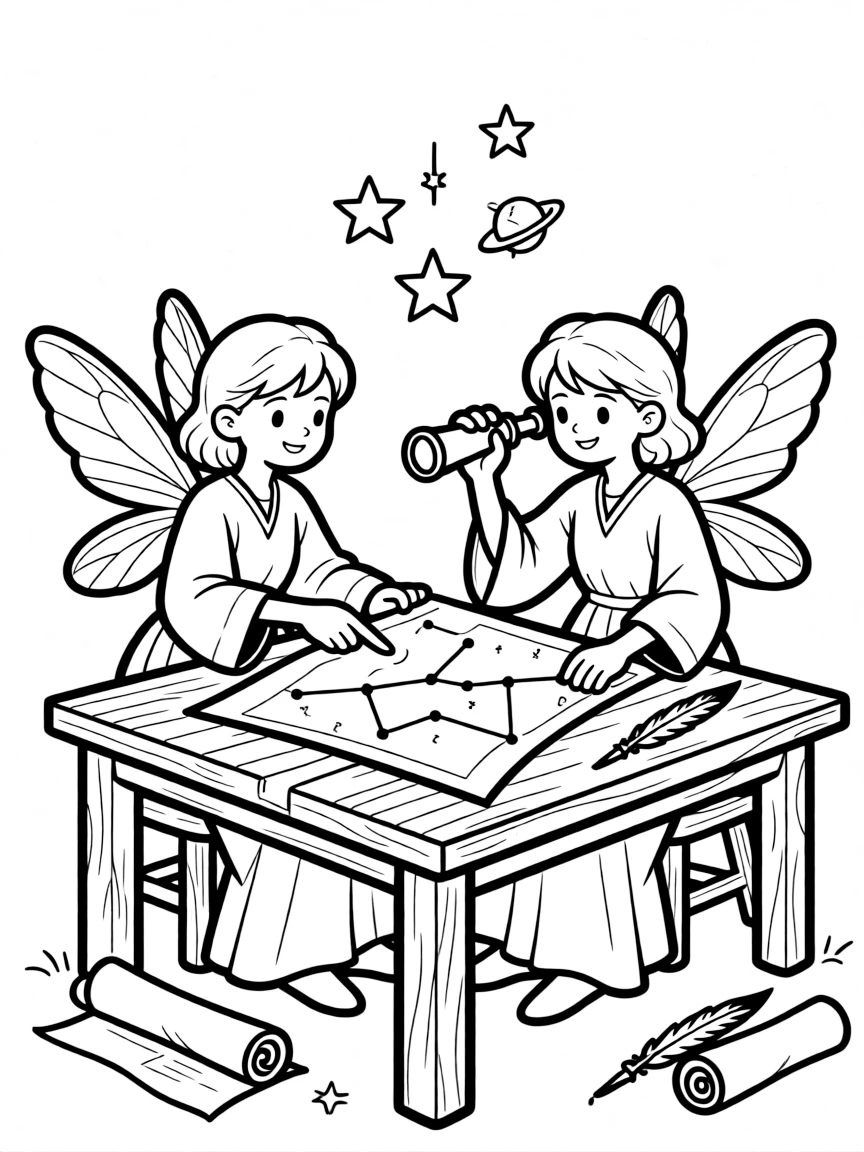 Fairy astronomers charting constellations on bark paper maps