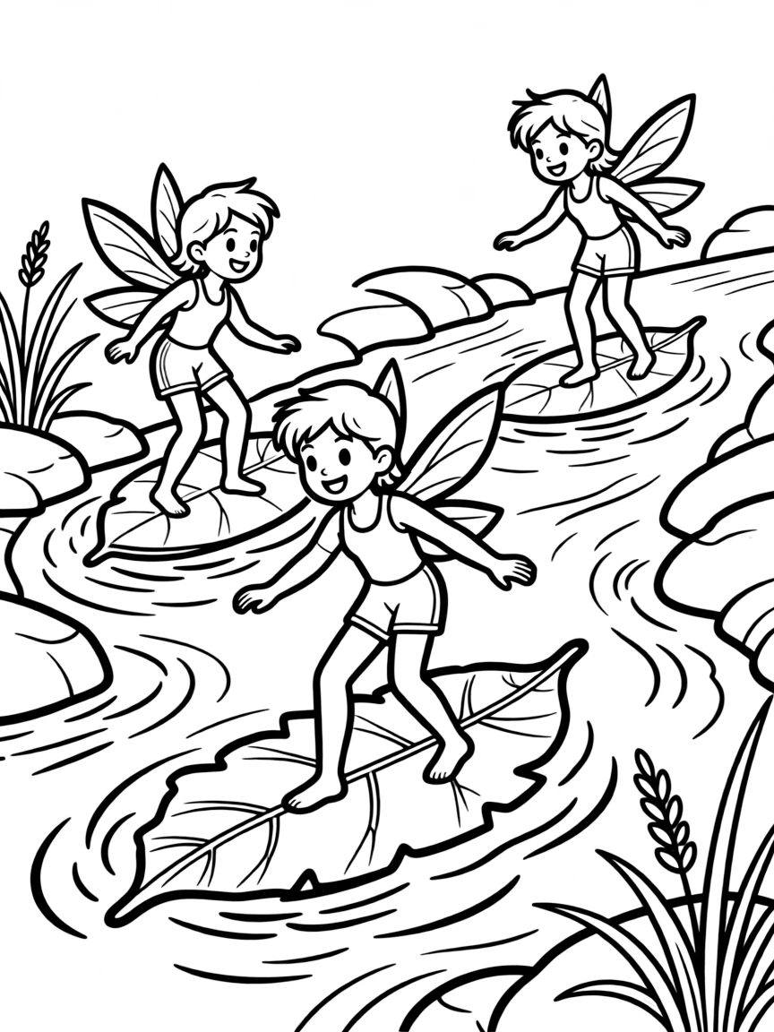 Fairy athletes competing in leaf surfing competitions down a stream