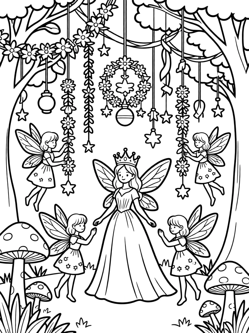 Fairies preparing for the arrival of the fairy queen with elaborate decorations