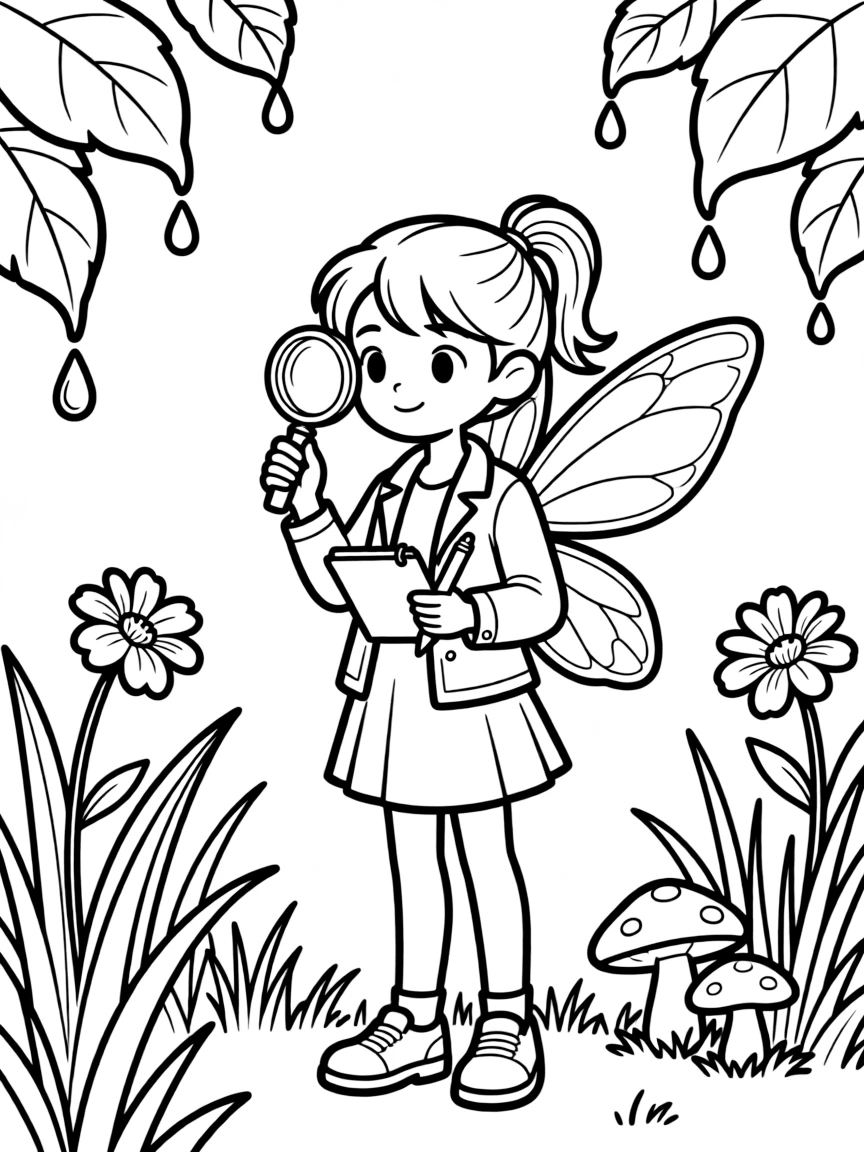 A fairy detective solving the mystery of the missing dewdrops