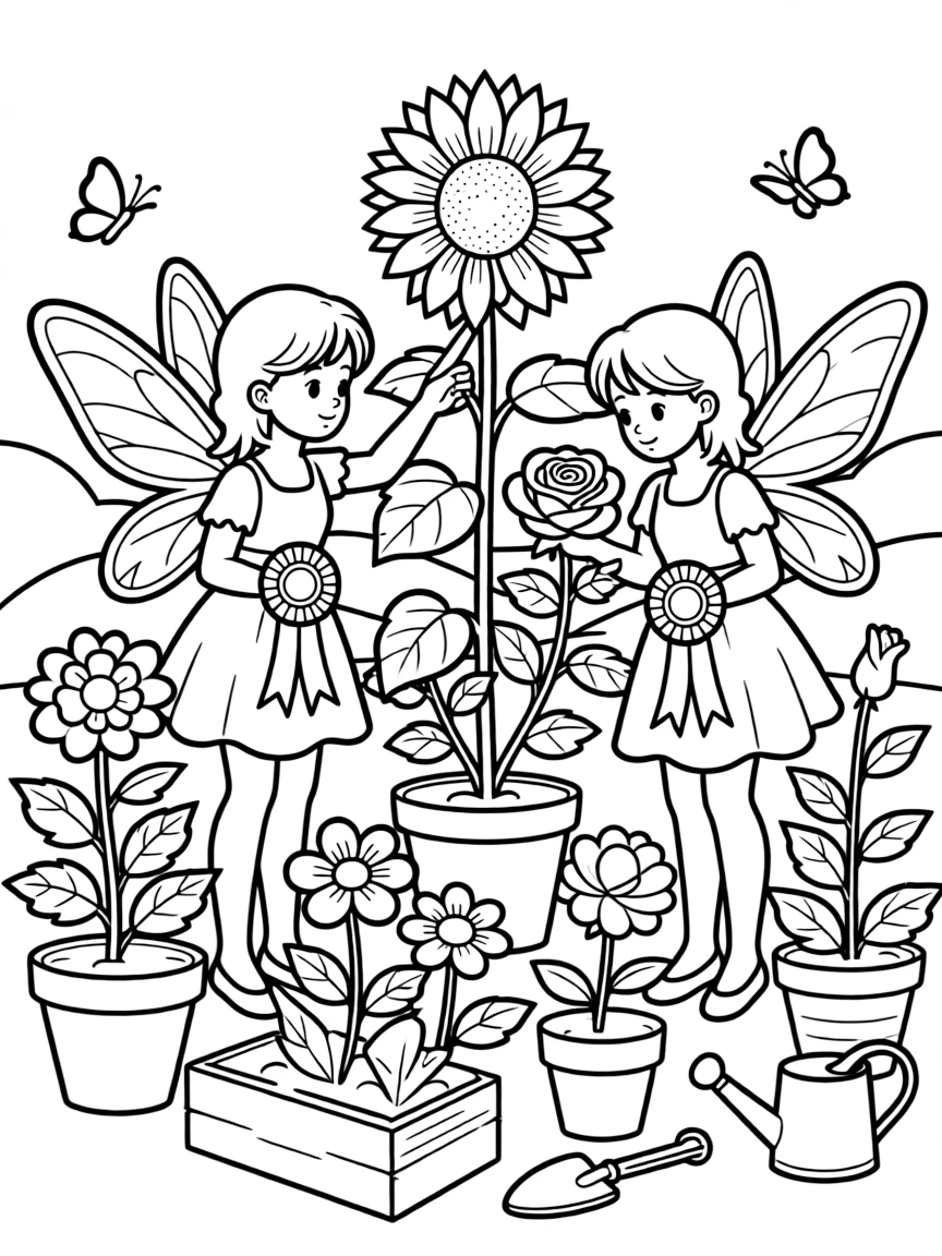 Fairy gardeners judging a flower growing competition with prize ribbons