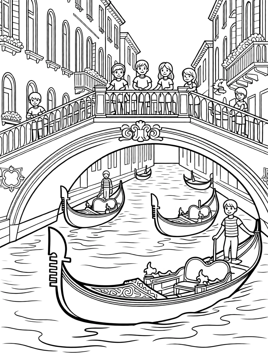 The canals of Venice with ornate bridge designs and decorative gondolas