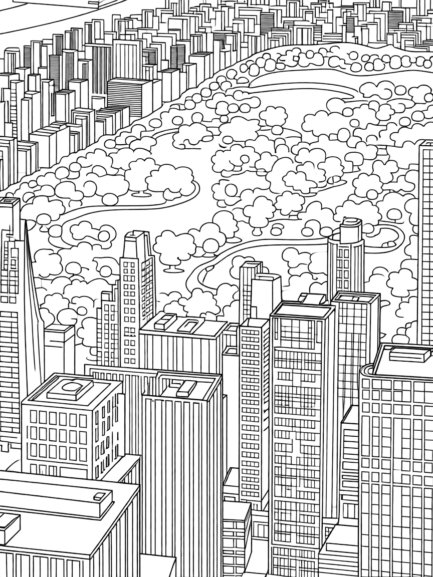 A bird's eye view of Manhattan with detailed skyscrapers and Central Park
