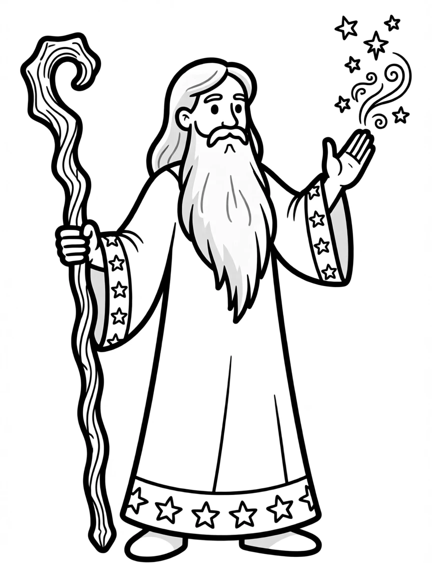 An ancient wizard with a flowing beard and star-patterned robes casting a spell with his gnarled staff