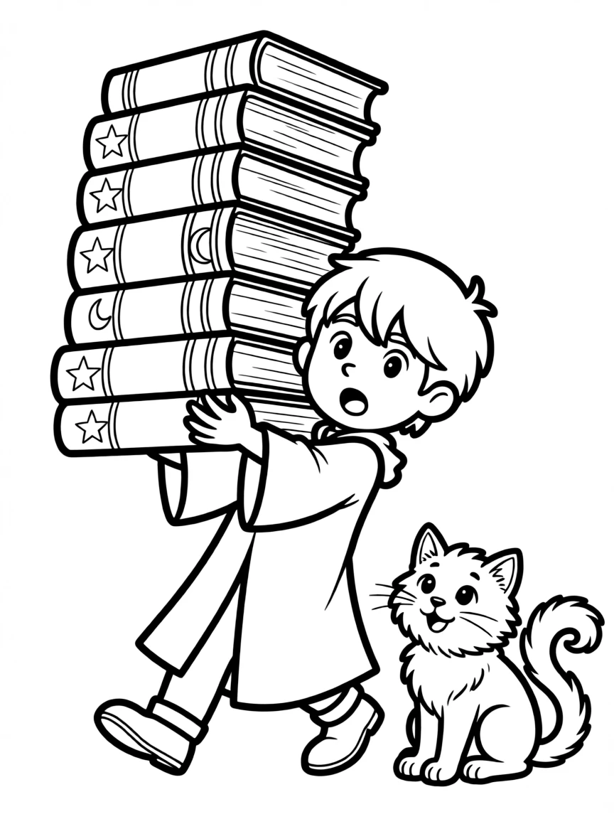 A young apprentice wizard struggling to carry too many spell books while his cat familiar watches amused