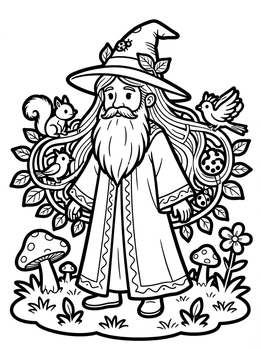A wise forest wizard whose hair and beard are intertwined with leaves and small woodland creatures