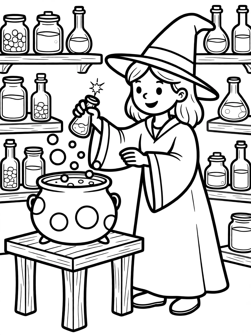 A potion master wizard carefully adding ingredients to a bubbling cauldron
