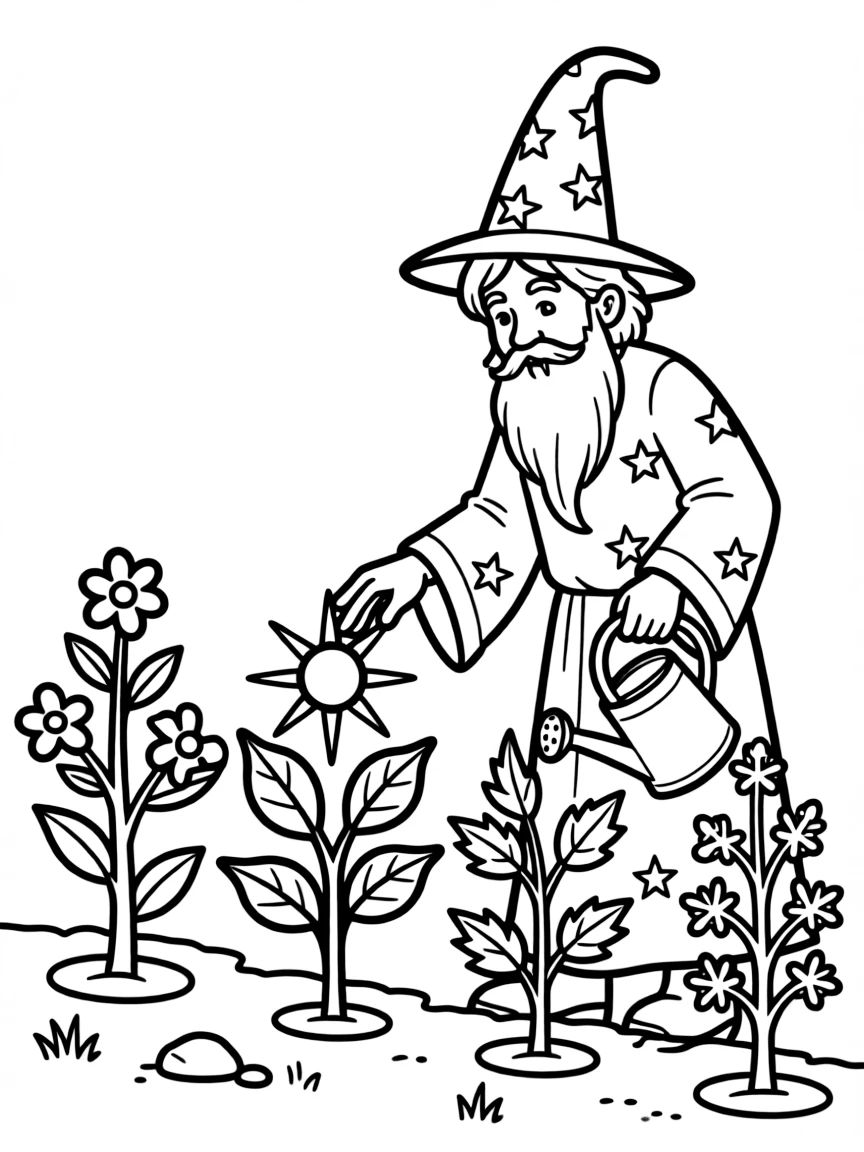 A wizard gardener tending to plants that change seasons as he walks past them