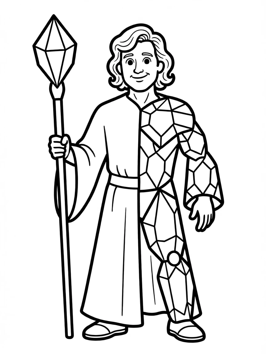 A crystal wizard whose body is partially transformed into geometric gemstones