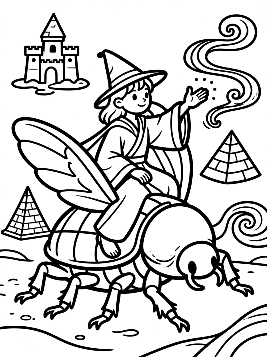 A desert wizard riding a giant scarab beetle and conjuring sand sculptures