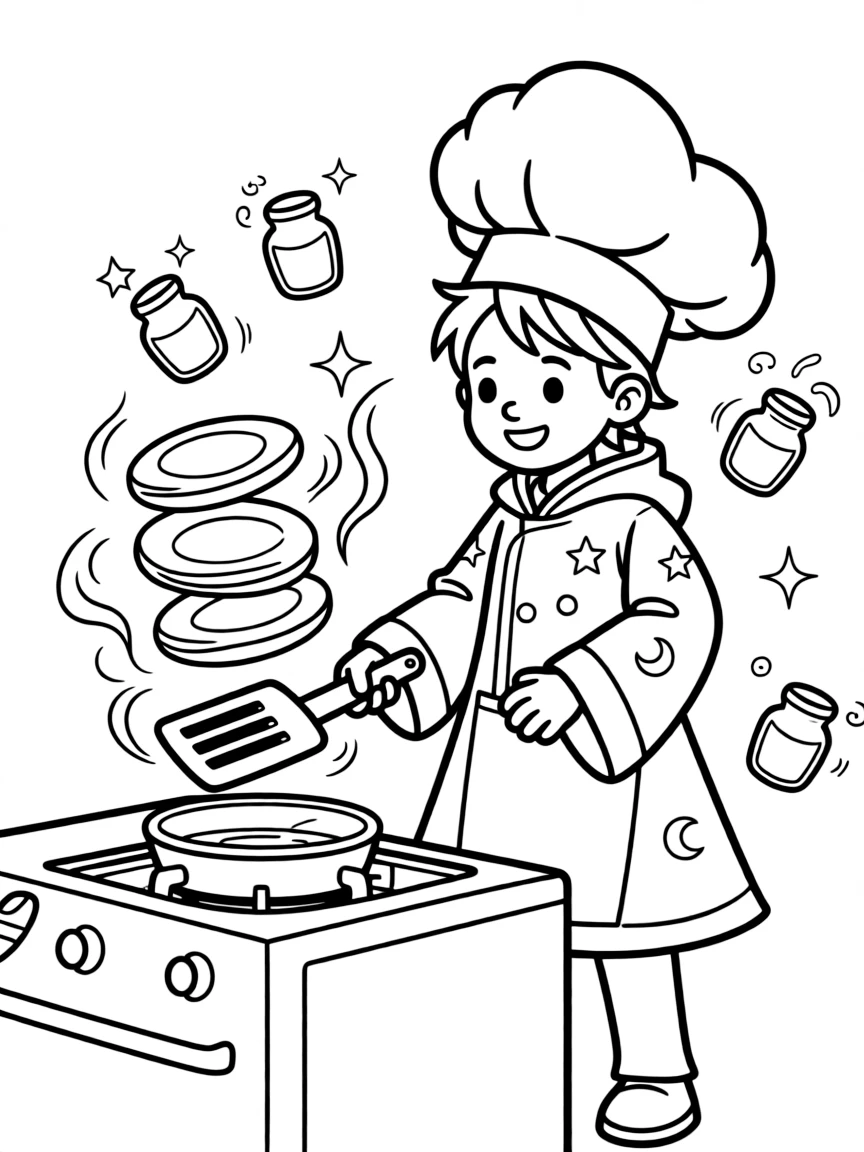 A wizard chef making pancakes flip themselves while magic spices dance in the air