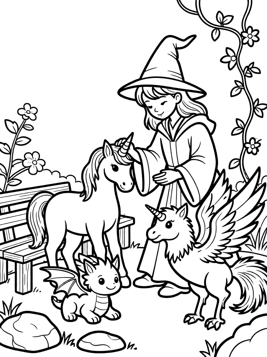 A healing wizard tending to injured mythical creatures in a sanctuary