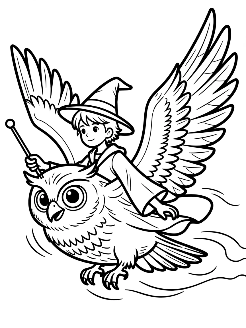 A shapeshifting wizard transforming from human to owl mid-flight