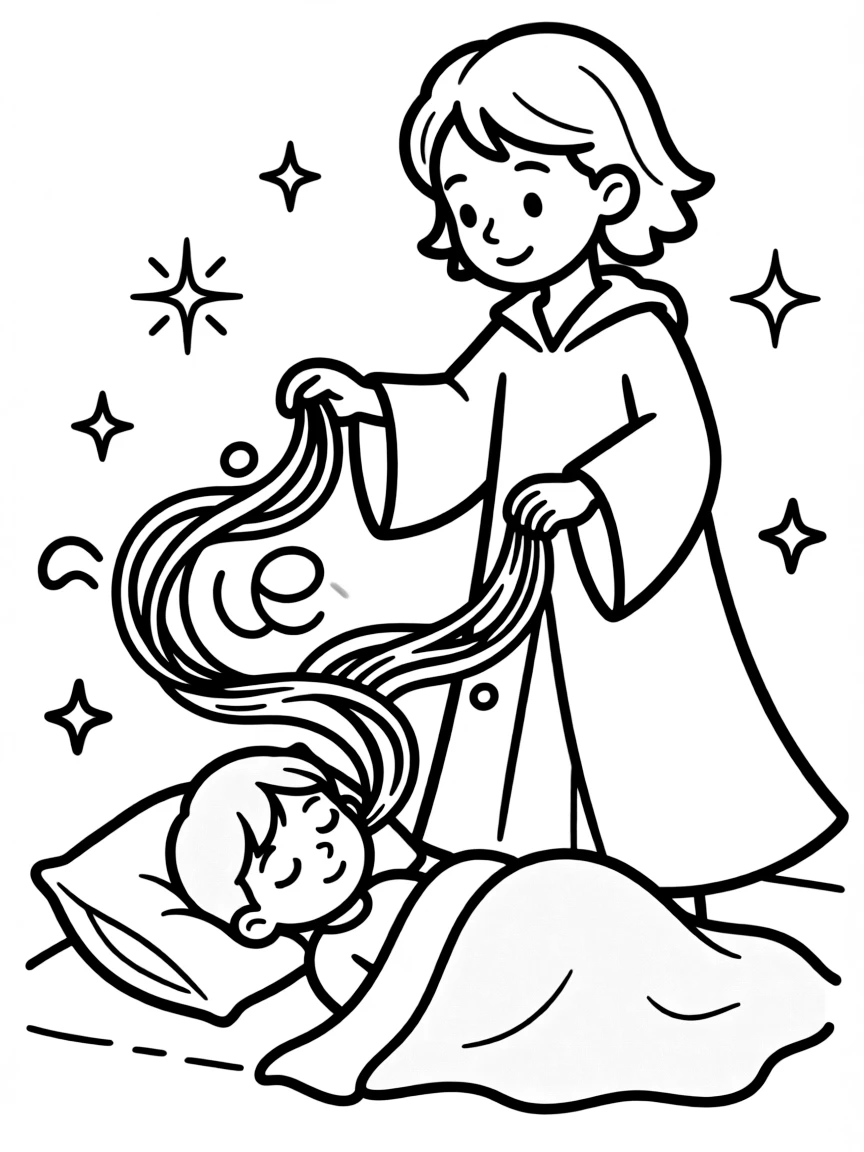 A dream wizard weaving colorful threads of imagination above a sleeping child