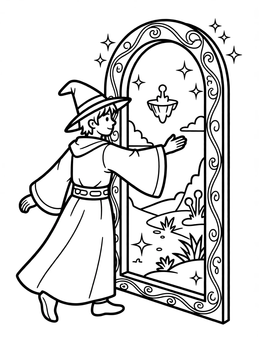 A portal wizard stepping halfway through a dimensional doorway showing another realm