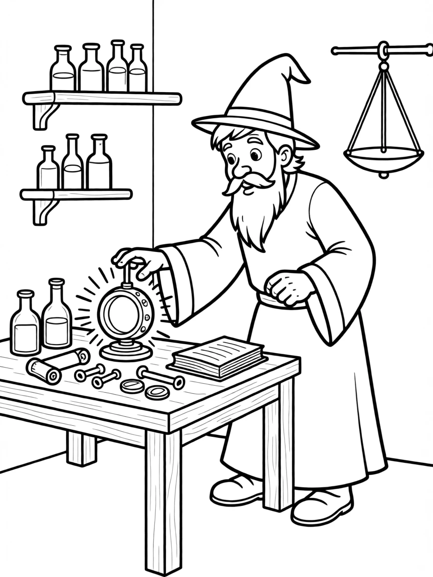 An alchemist wizard transforming base metals to gold with a magical touch
