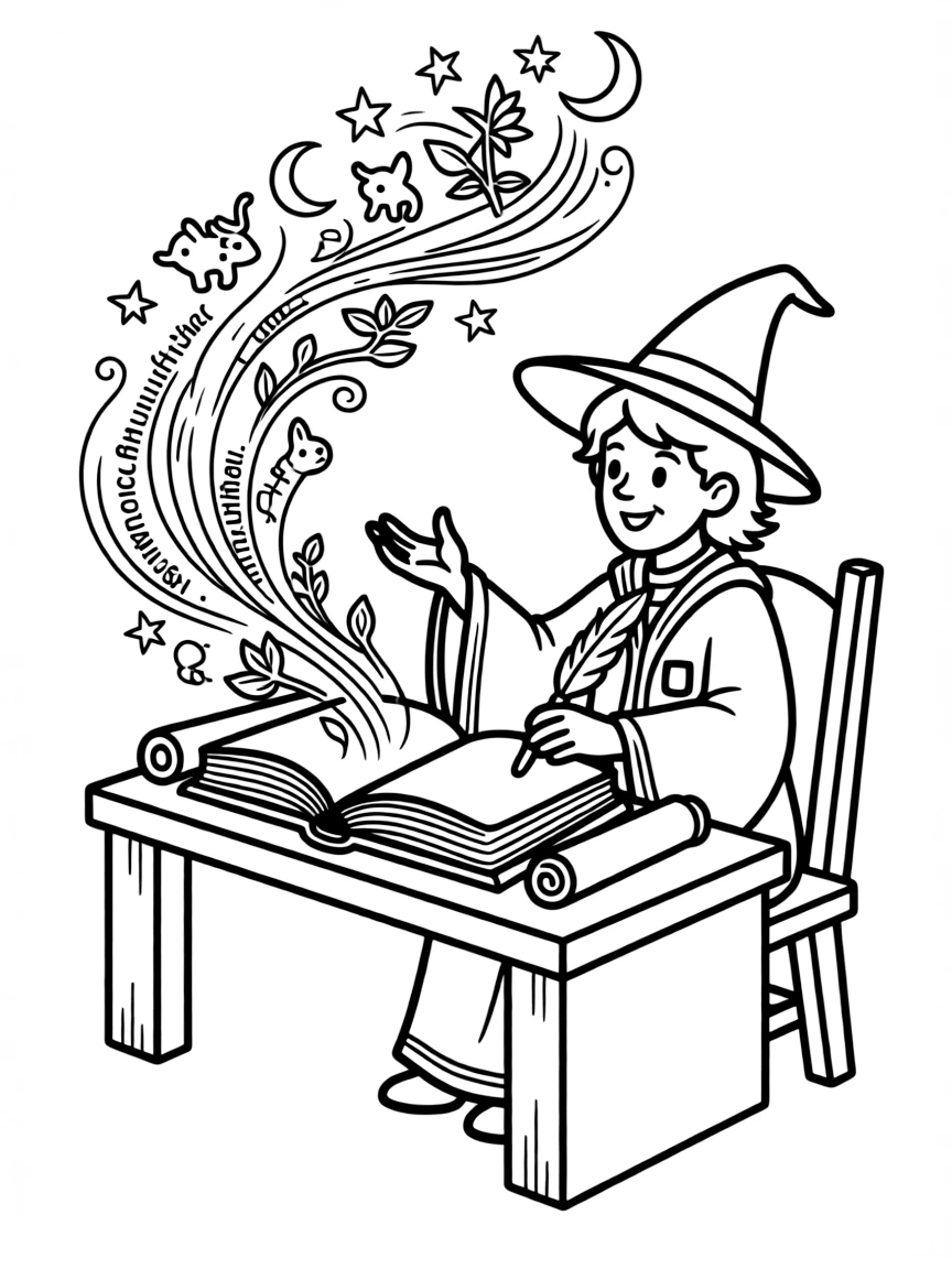 A wizard scribe whose written words float off the page and form images