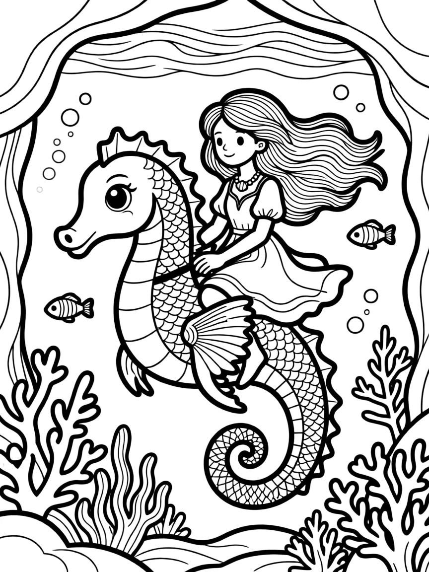 A sea witch with seaweed hair riding a giant seahorse through coral caves