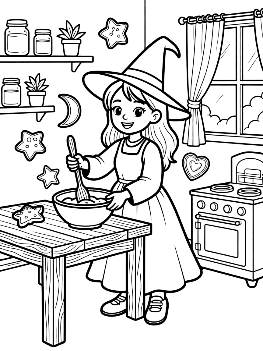 A cottage witch baking magical cookies that float around her kitchen