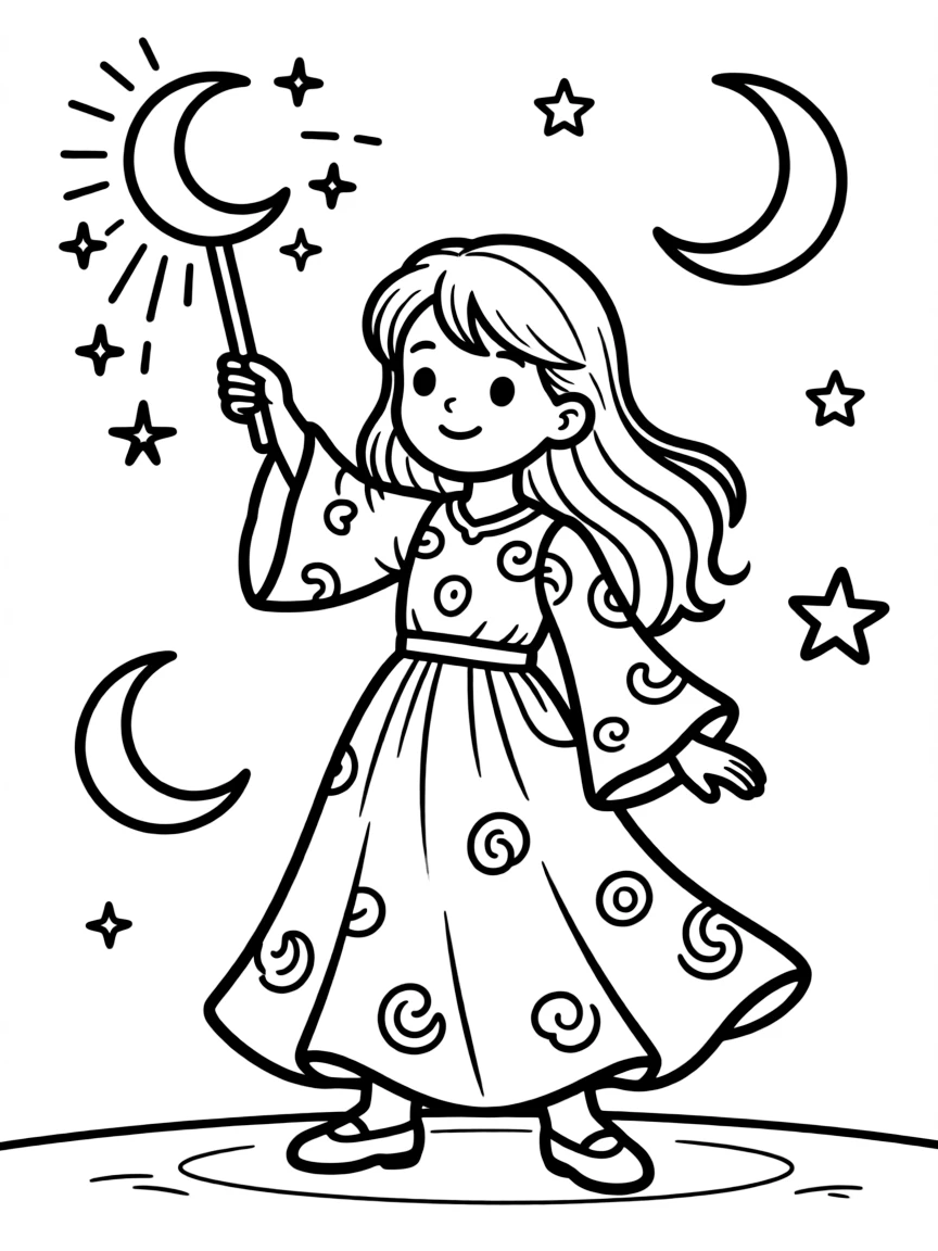 A moon witch drawing down lunar power with her crescent wand
