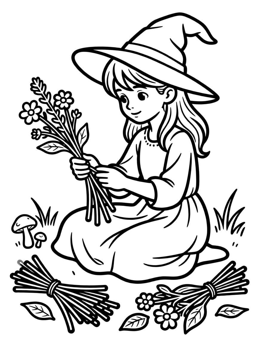 A hedge witch weaving protective charms from twigs and flowers