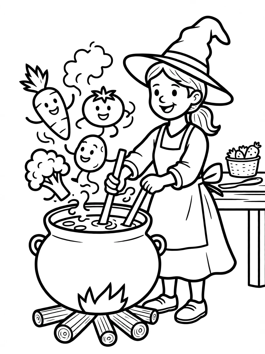 A kitchen witch stirring a cauldron of soup where vegetable shapes dance