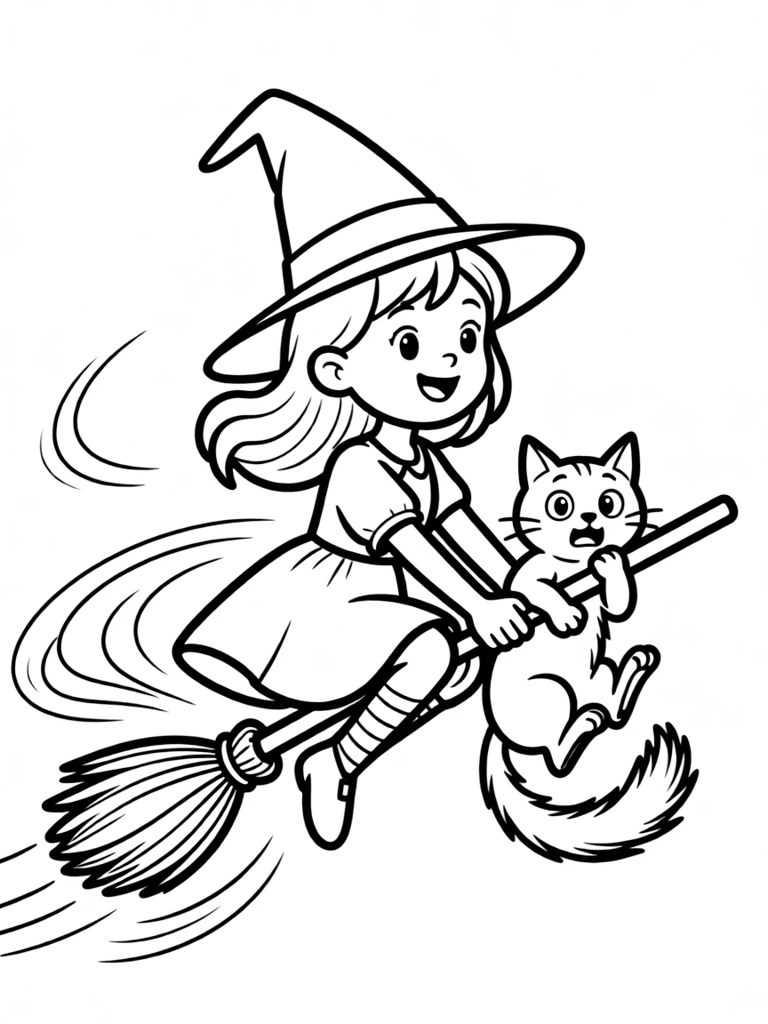 A young witch on her first broomstick flying lesson with her cat clinging fearfully