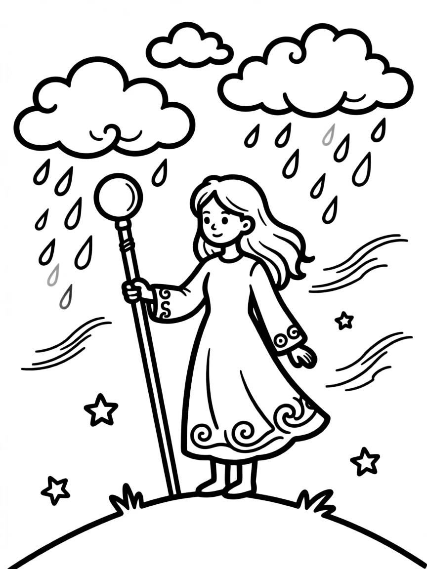 A weather witch conducting storm clouds with her staff like an orchestra