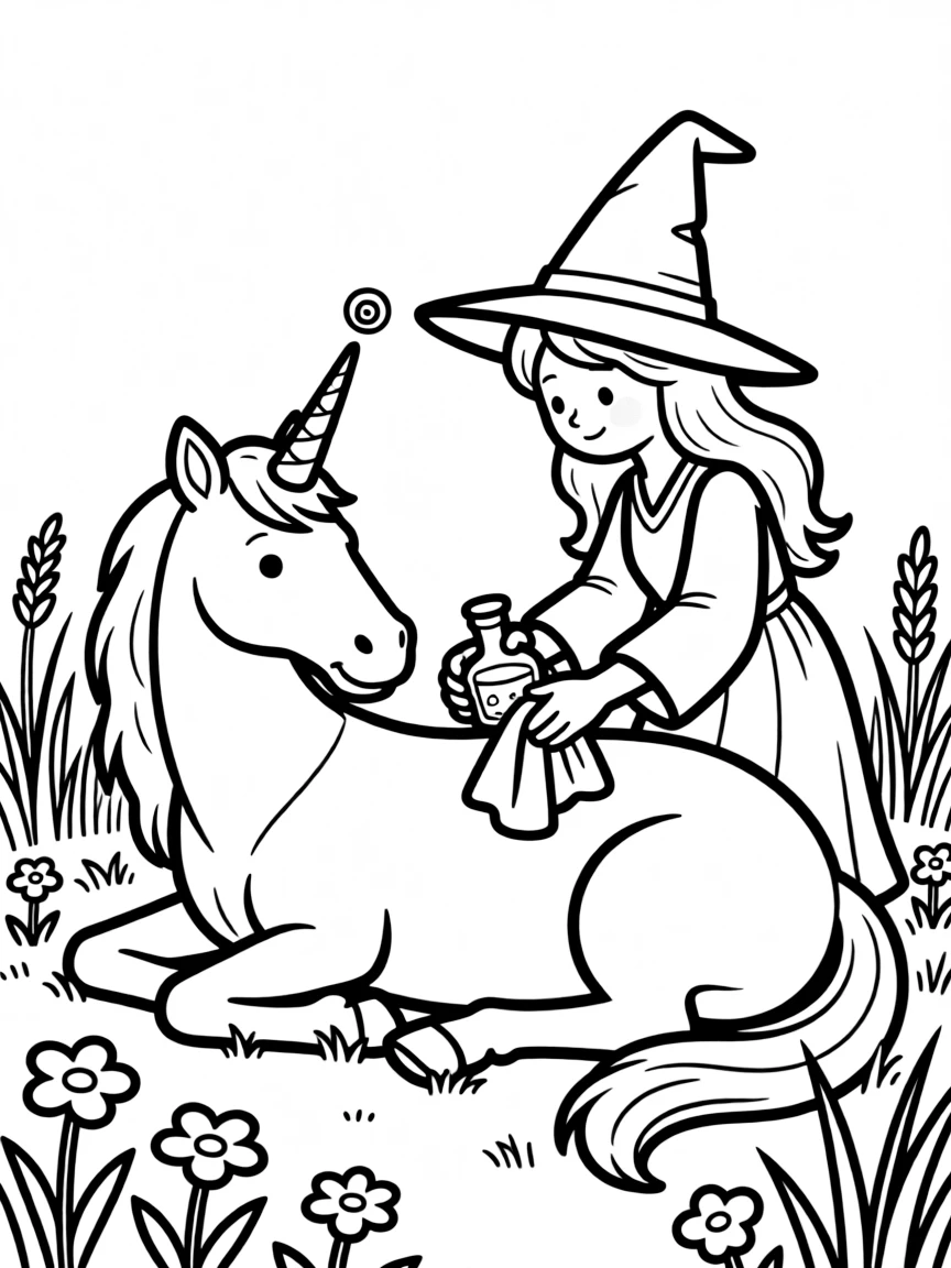 A healing witch tending to a wounded unicorn in a meadow