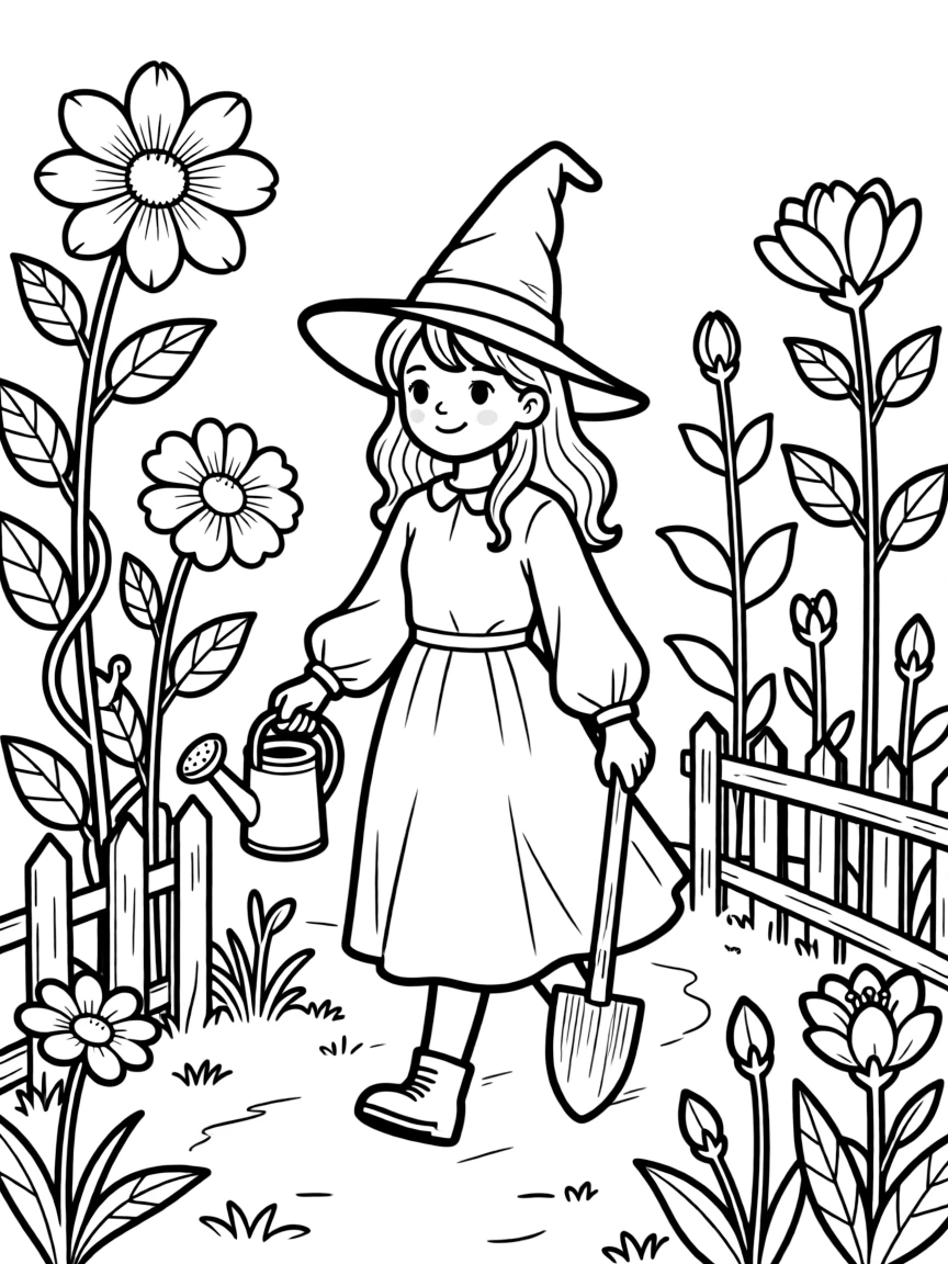 A witch gardener whose plants grow and bloom as she walks past