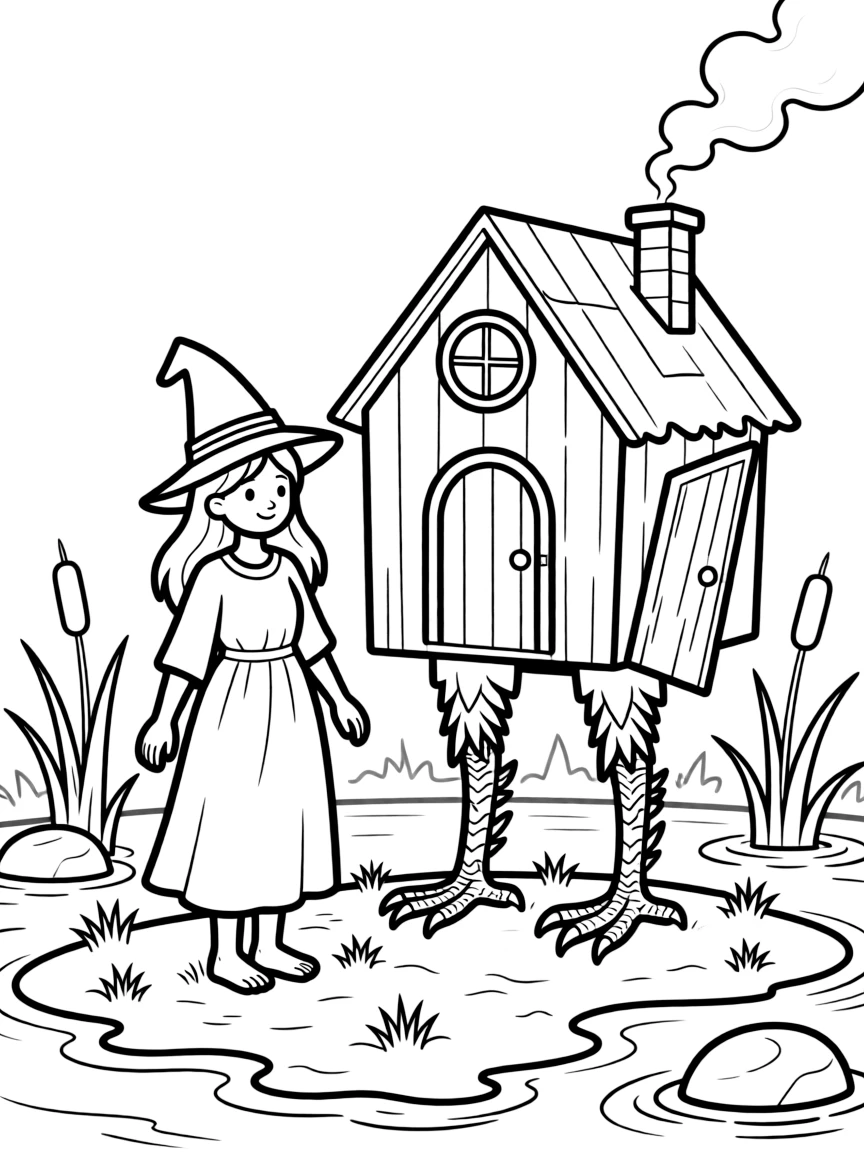 A swamp witch whose hut stands on chicken legs in a misty bog