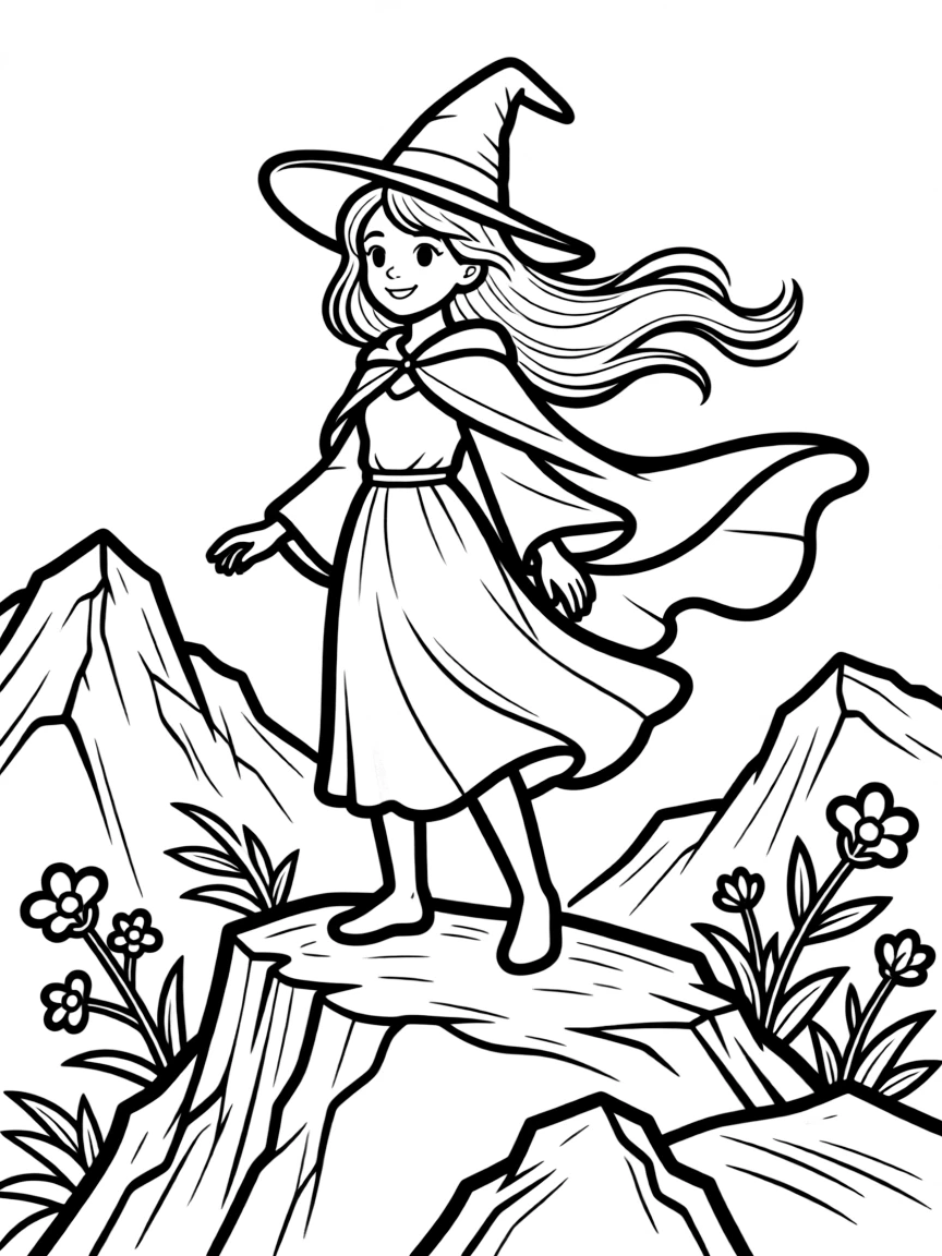 A mountain witch whose hair and clothes billow as if in constant wind