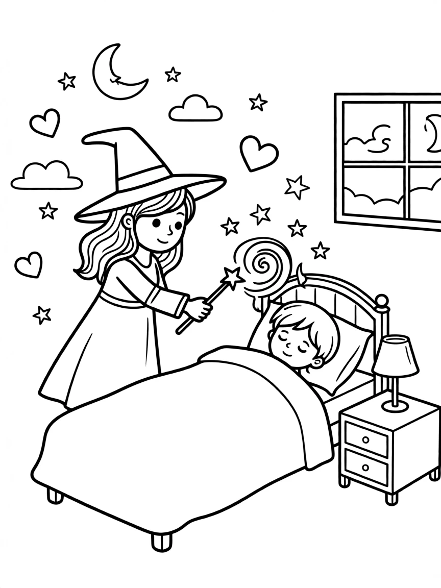 A dream witch weaving good dreams into a sleeping child's mind